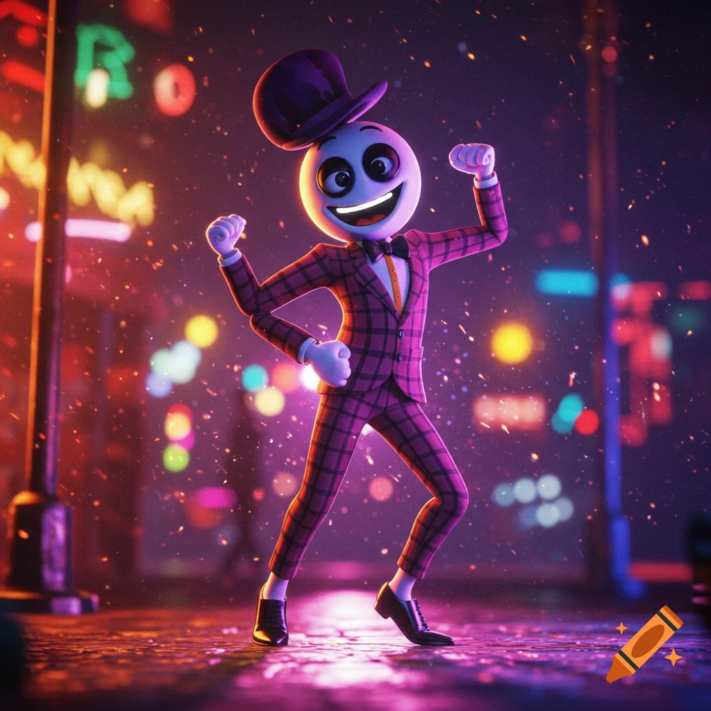 A smiling 3D character with a white head and top hat, wearing a purple plaid suit, dances joyfully in a neon-lit city at night.