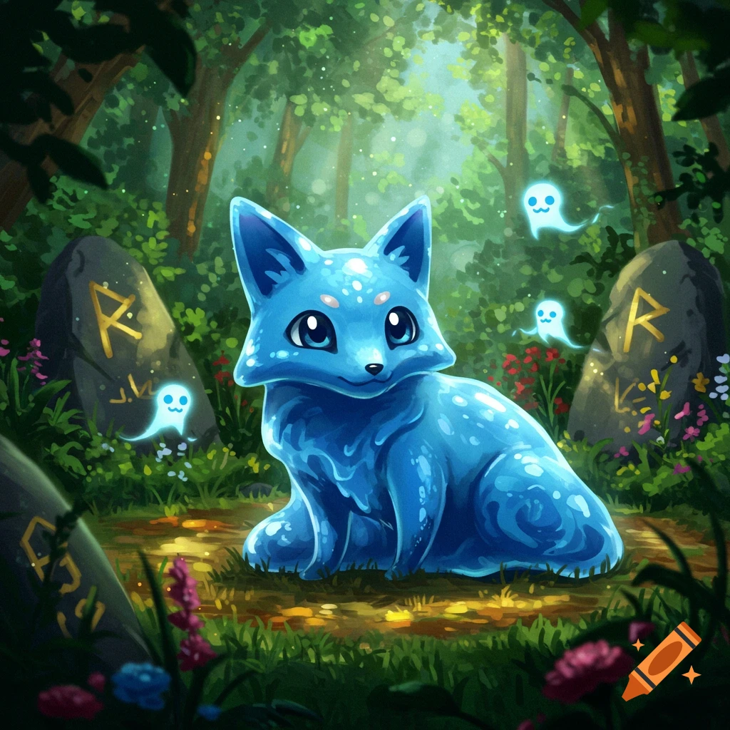 A cute blue, translucent, fox-like creature sits in a mystical forest with glowing ghosts and rune-carved stones, rendered in a vibrant video game art style.