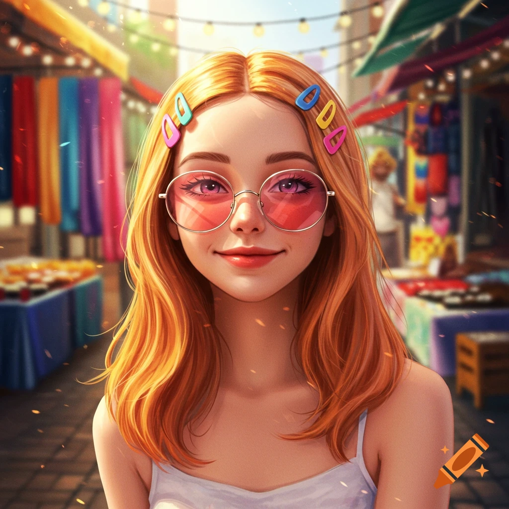 A smiling reddish-blonde haired girl with pink sunglasses and colorful barrettes stands in a bustling market, digital art style.