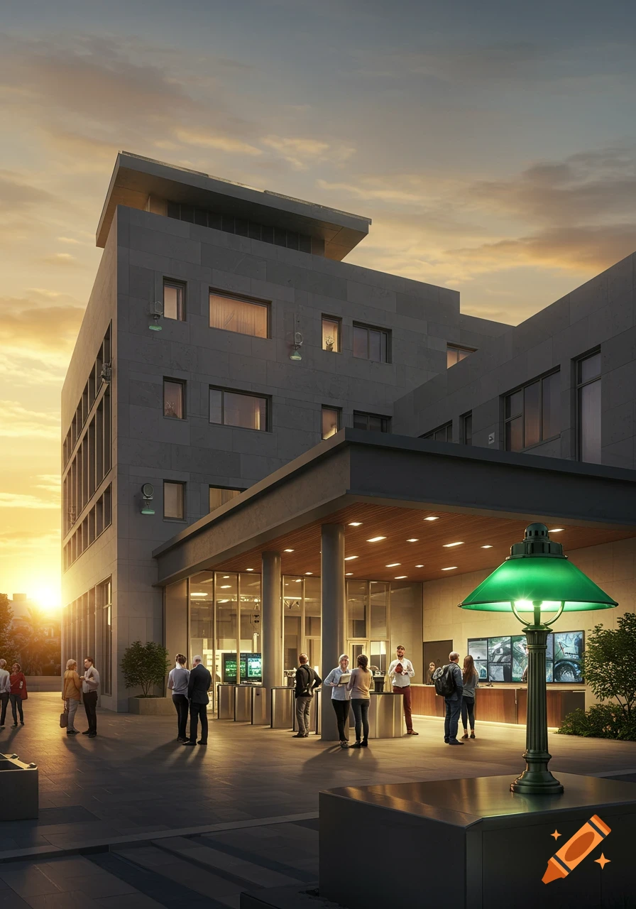 A modern building entrance at sunset with people gathered outside and a prominent green street lamp in the foreground.