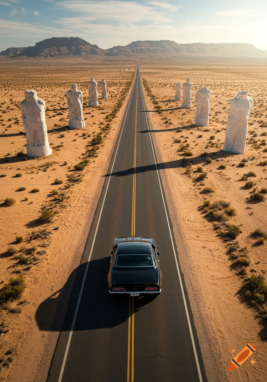 A black 1969 Camaro drives down a long desert road lined with large, eroded marble statues. Mountains are in the distance.