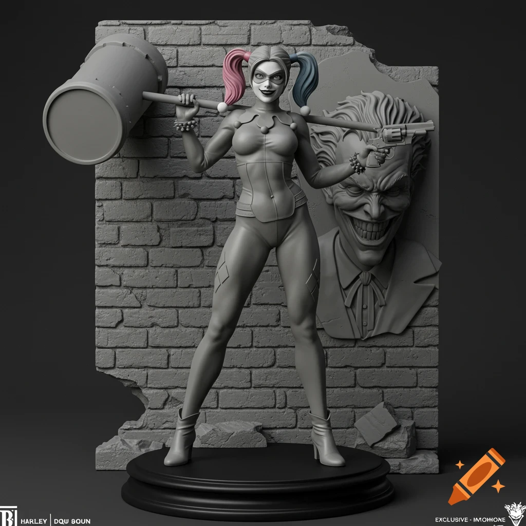 Highly detailed 3D render of a Harley Quinn statue holding a mallet, with a sculpted Joker face relief in a brick wall background.