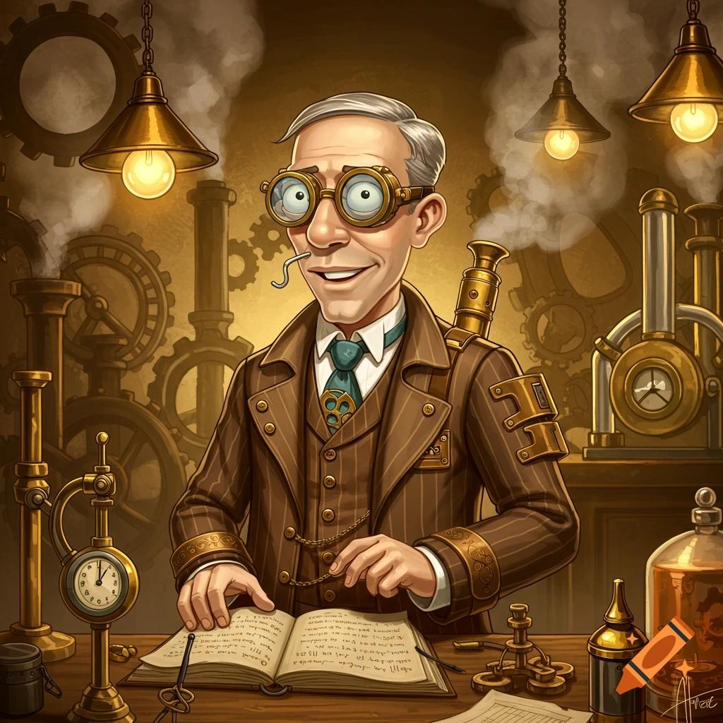 A smiling, grey-haired man in steampunk goggles and suit writes at a desk in a workshop with gears and lamps.