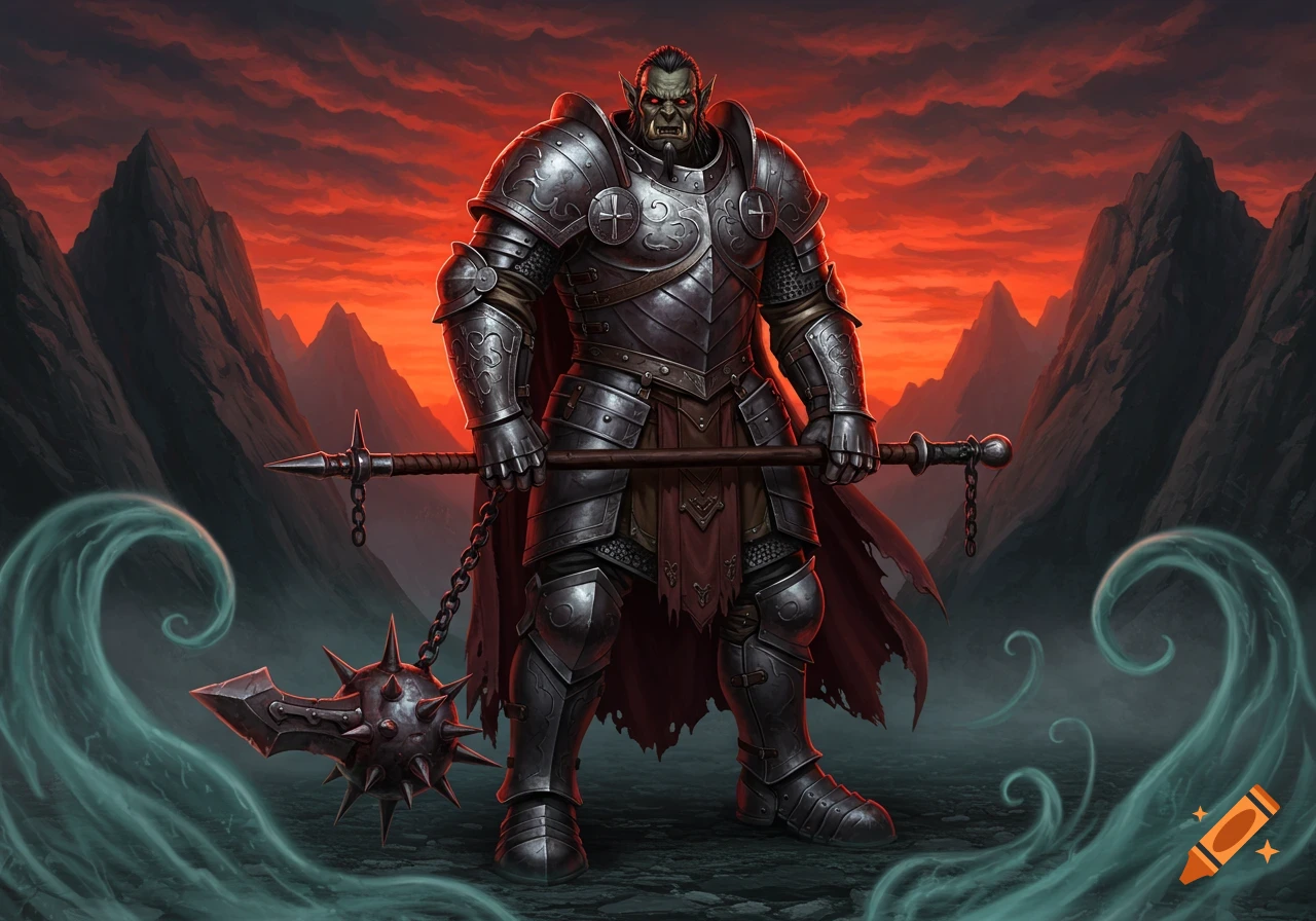 A hulking half-orc paladin in detailed plate armor holds a morningstar, standing before jagged mountains under a dramatic, fiery red sky.