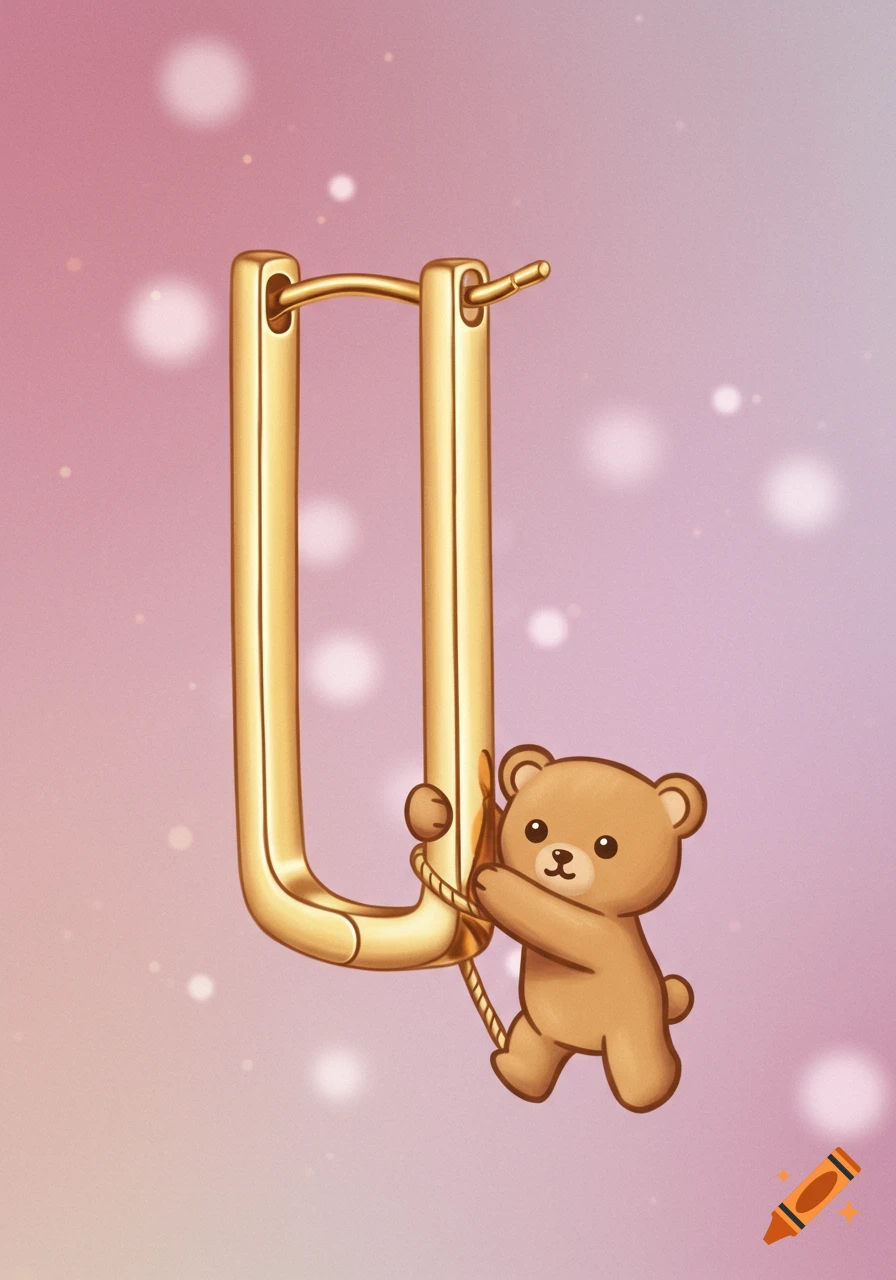 A cute cartoon bear swings from a golden rectangular hoop earring against a pink and purple bokeh background.