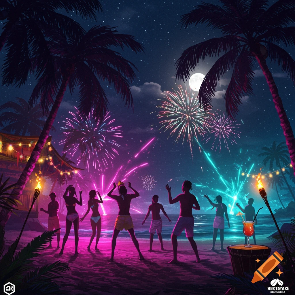 Vibrant illustration of people dancing on a tropical beach at night under a full moon, with colorful fireworks exploding overhead.