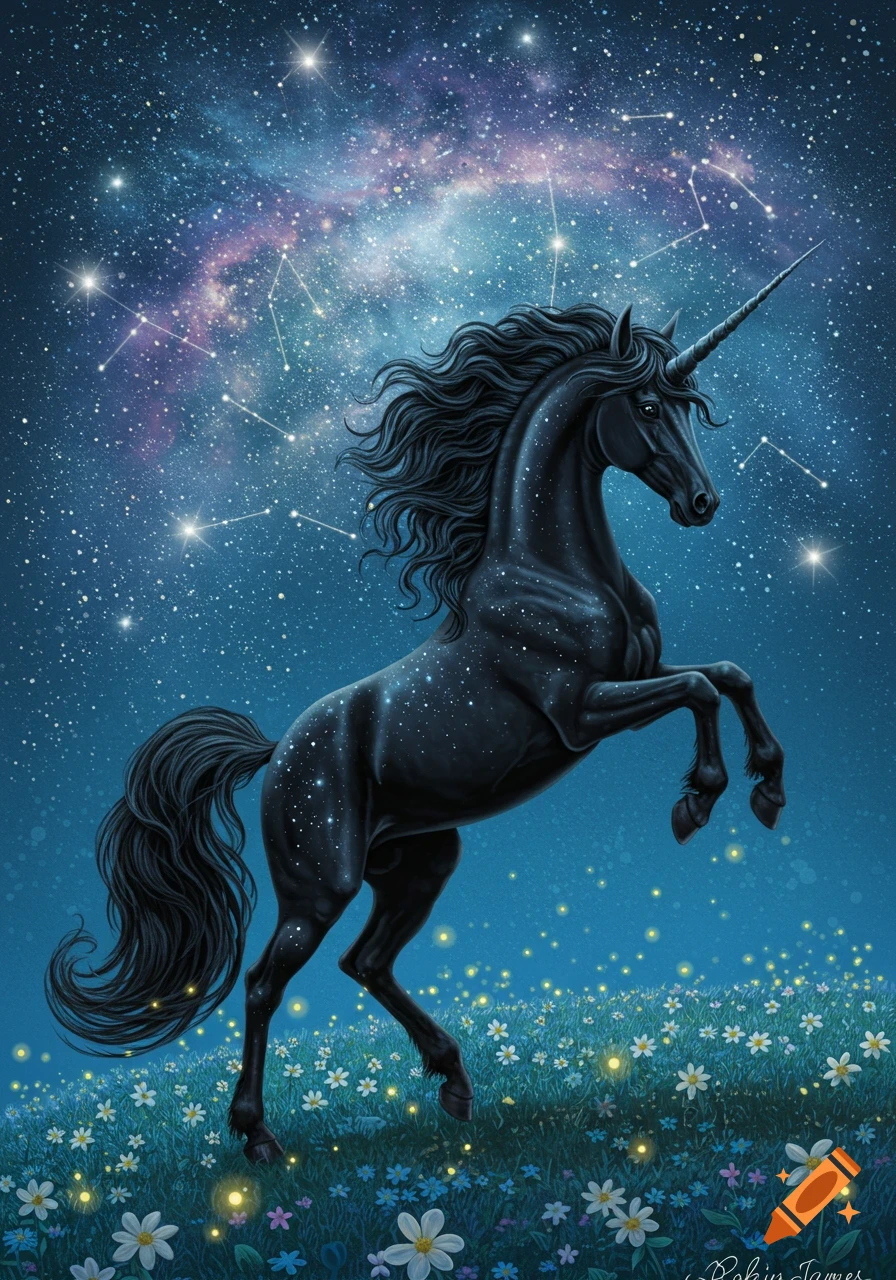 A black unicorn rears up in a field of wildflowers under a starry night sky with constellations.