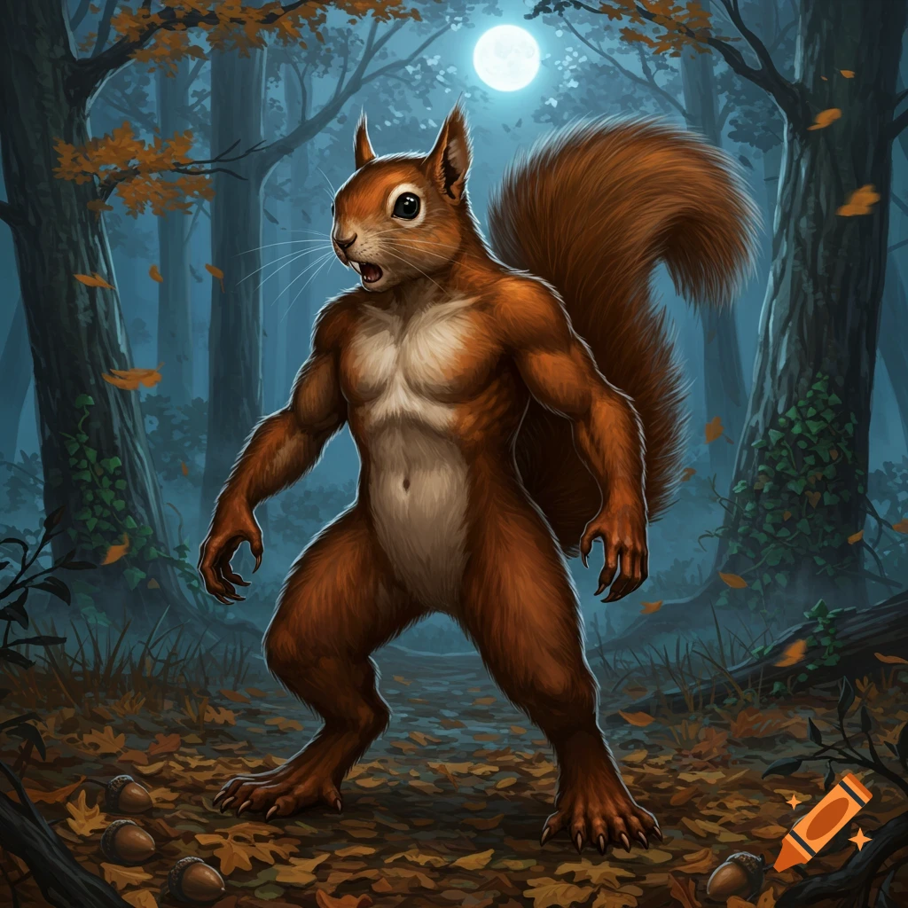 A muscular weresquirrel stands in a dark, moonlit forest with autumn leaves on the ground.