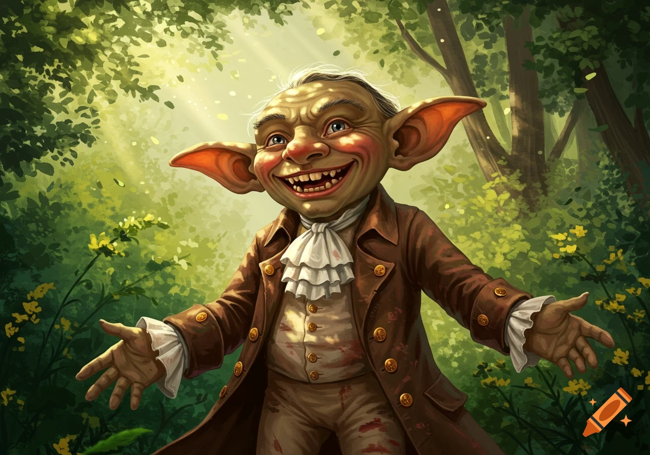 A grinning goblin in a brown coat and ruffled white shirt stands with open arms in a sunlit forest.