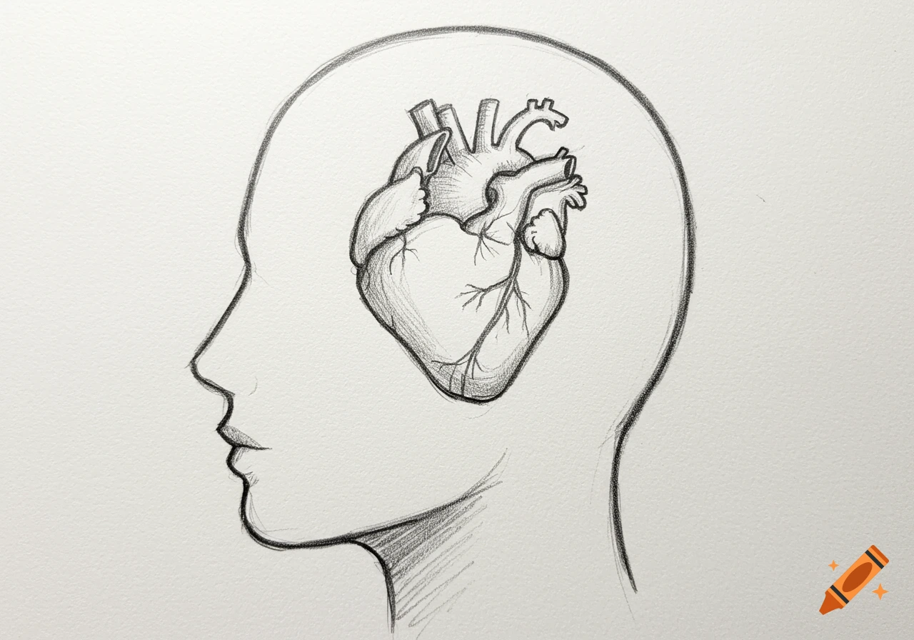 Rough pencil sketch of a human head silhouette with an anatomical heart inside.