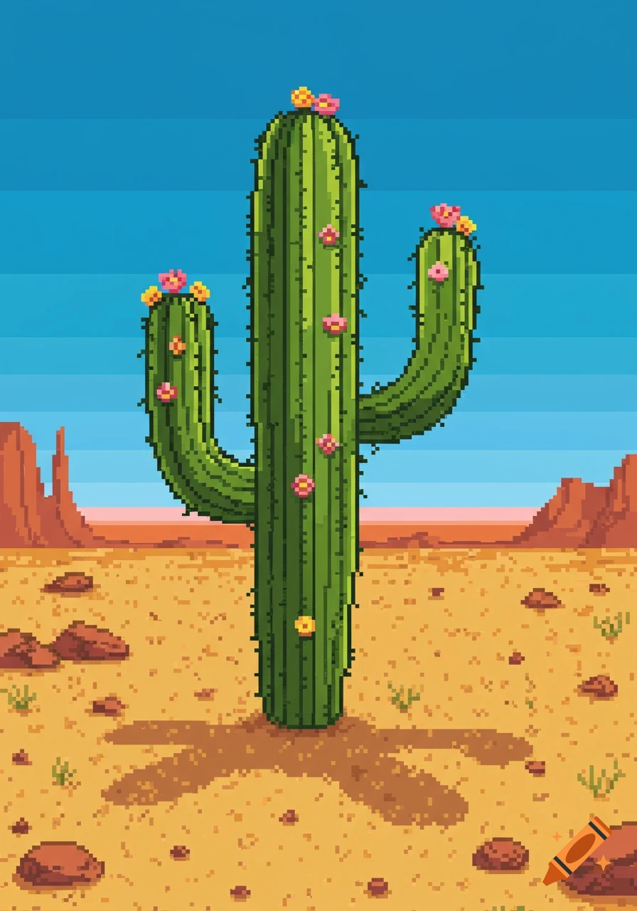A vibrant 8-bit pixel art image of a tall green saguaro cactus with pink and yellow flowers in a sunny desert with red rock formations.