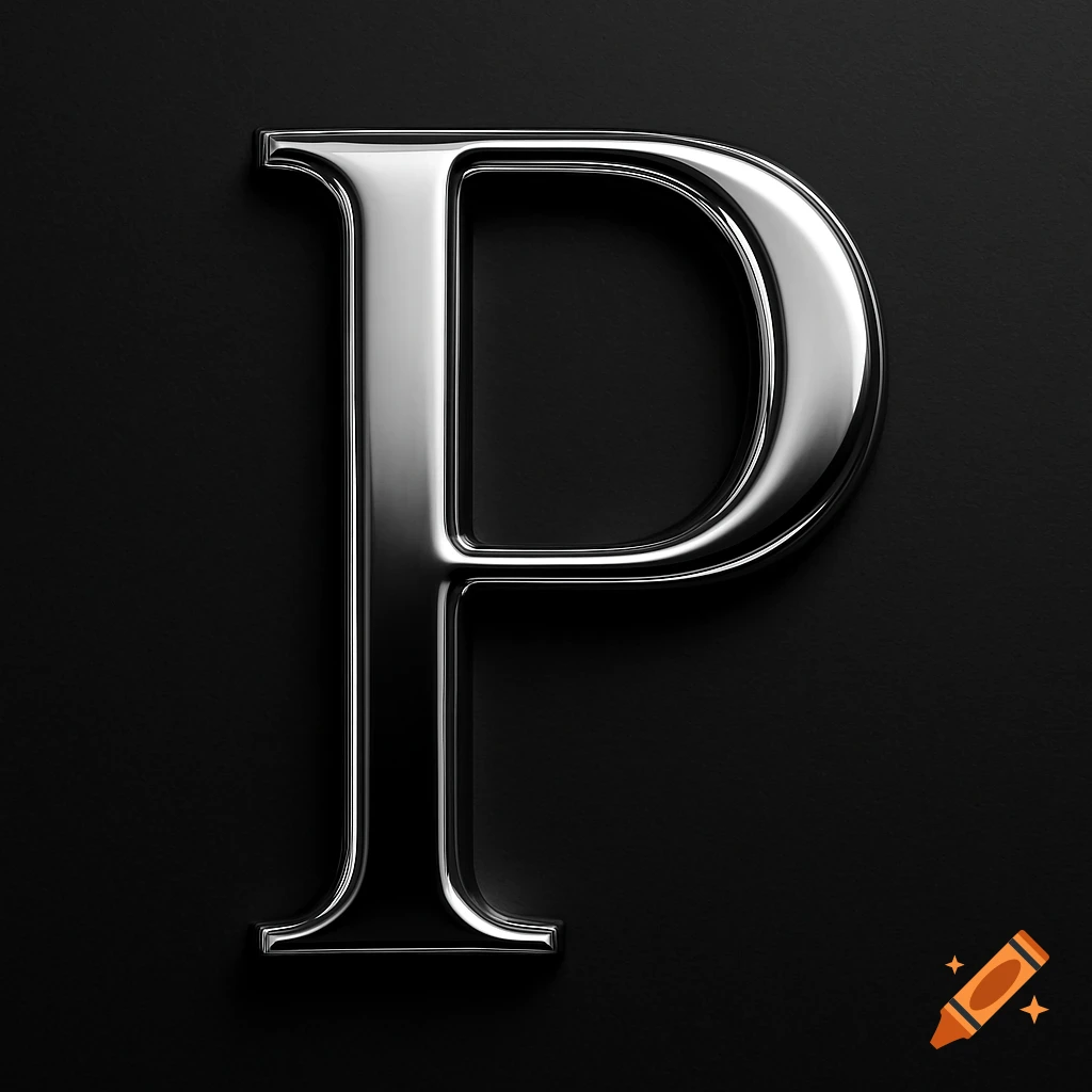 A shiny silver letter P on a black background.