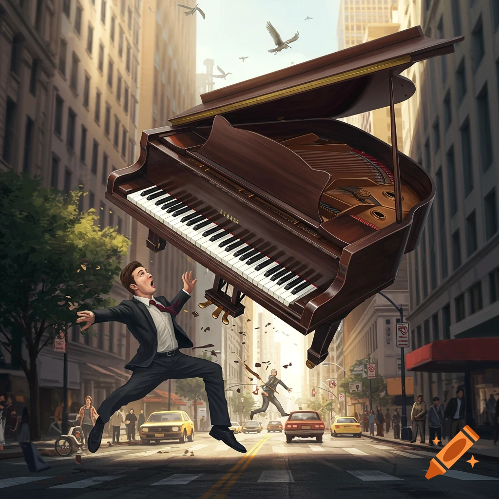 Man in a suit jumps in fear as a grand piano falls from the sky onto a city street, with cars and buildings in the background.
