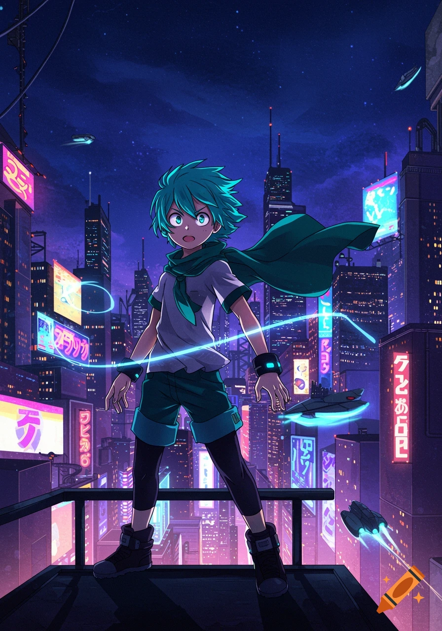 Anime boy with teal hair and a green cape on a rooftop in a neon-lit futuristic city at night, with flying vehicles.