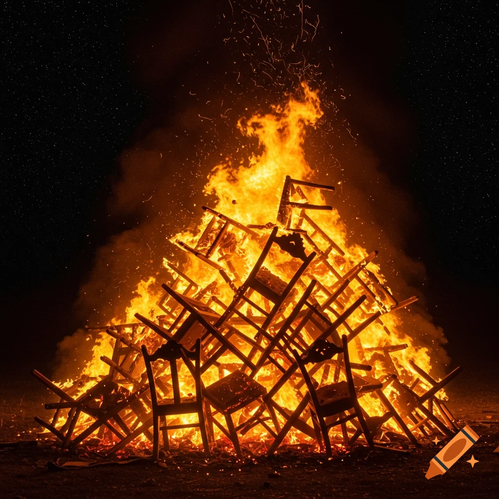 A large bonfire burns brightly at night, made from a chaotic pile of wooden chairs, with sparks flying into the dark, starry sky.