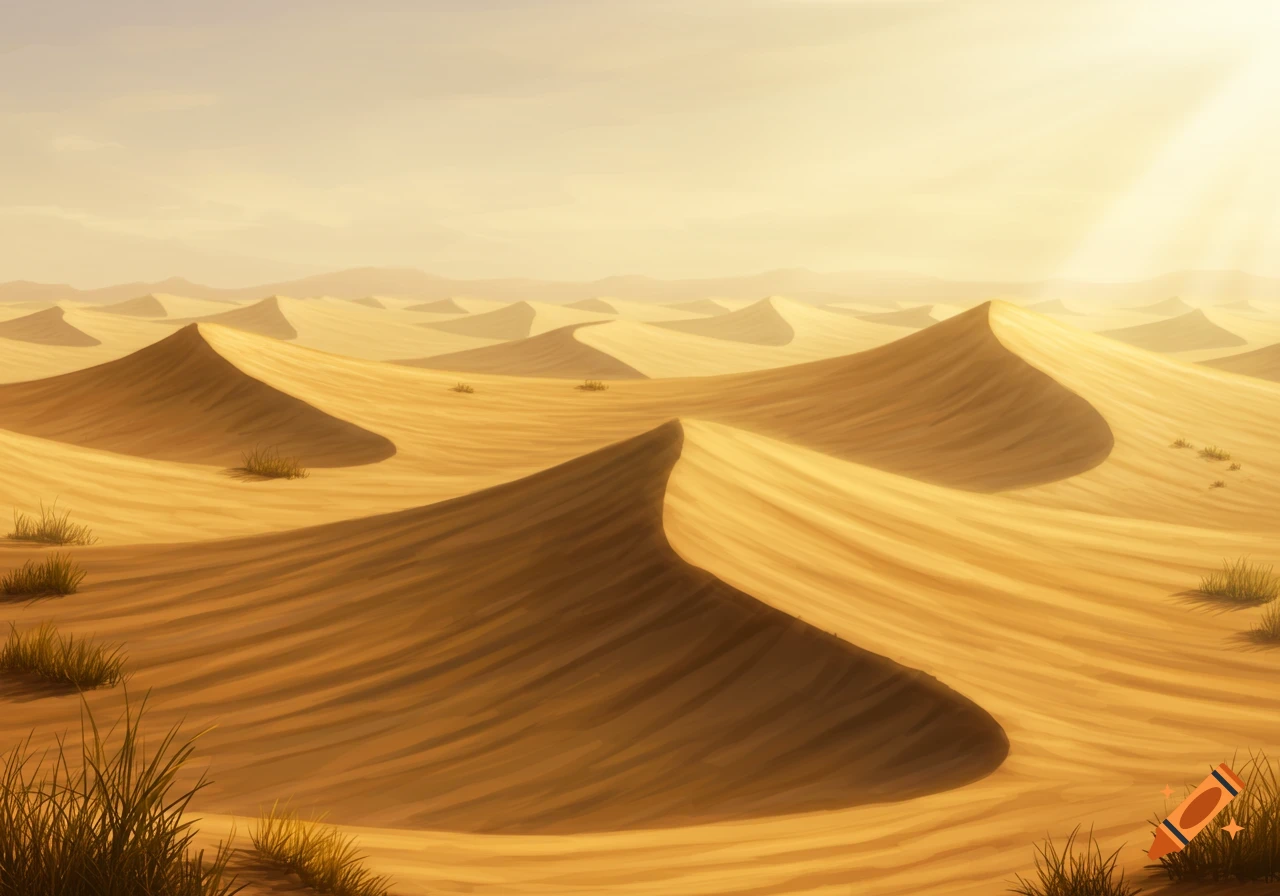 A vast desert landscape with numerous golden sand dunes under a clear, bright sky.