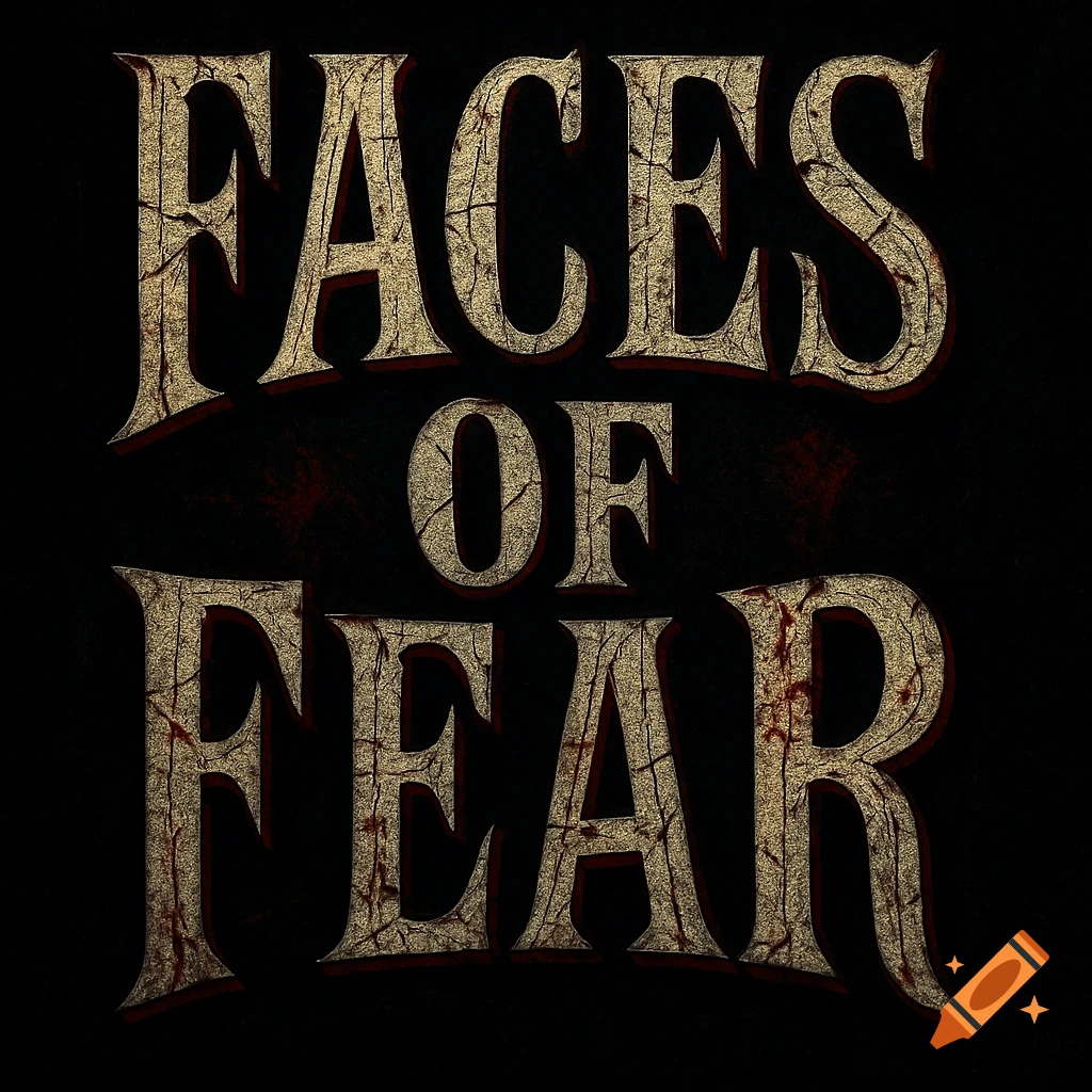 Text 'FACES OF FEAR' in cracked, golden, blood-splattered letters against a dark background.