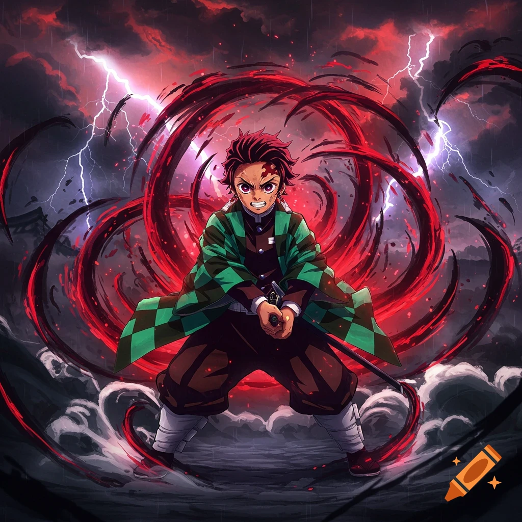 Tanjiro Kamado from Demon Slayer standing enraged amidst a stormy sky with lightning and swirling red and black energy.