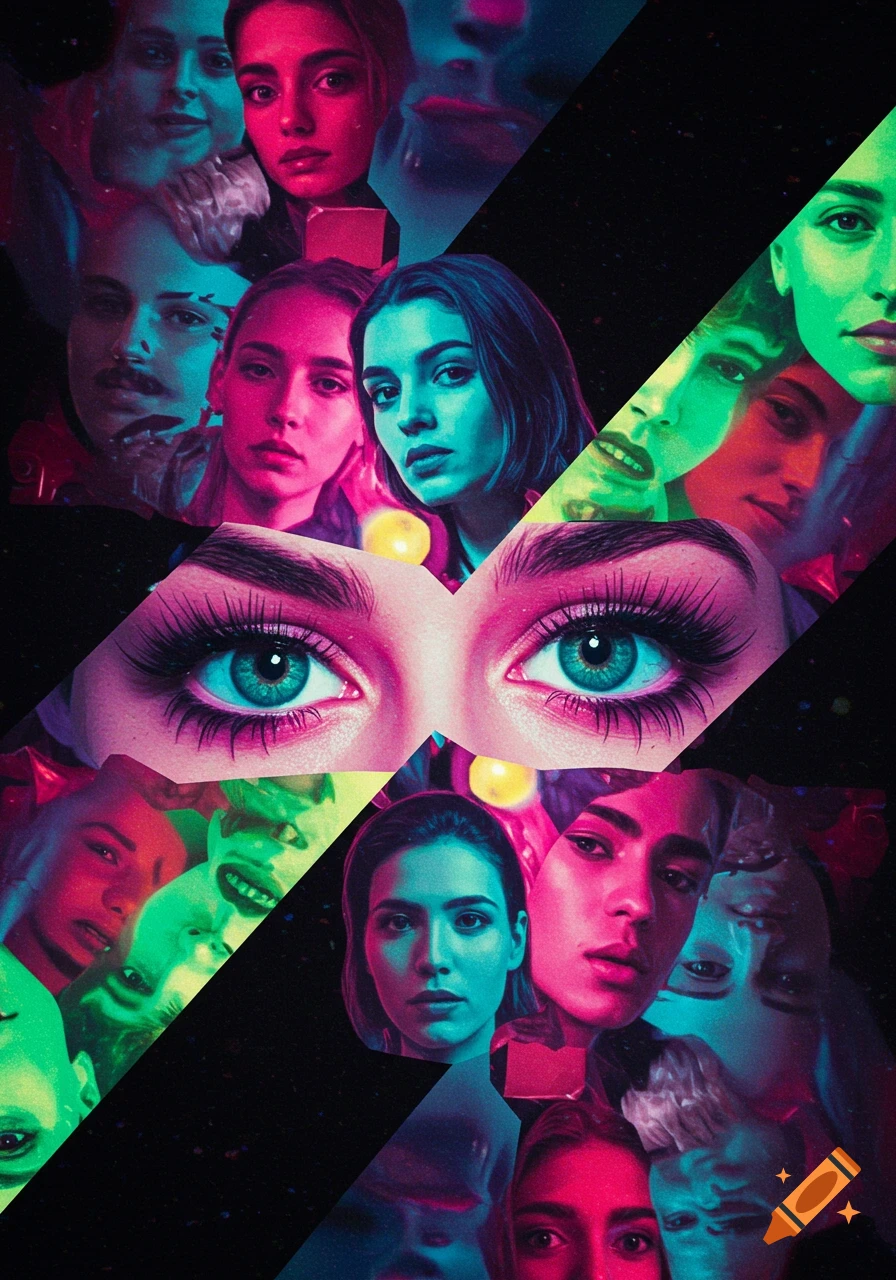 Graphic digital art piece with layered portraits in bright, unrealistic neon colors, centered around large, striking eyes.