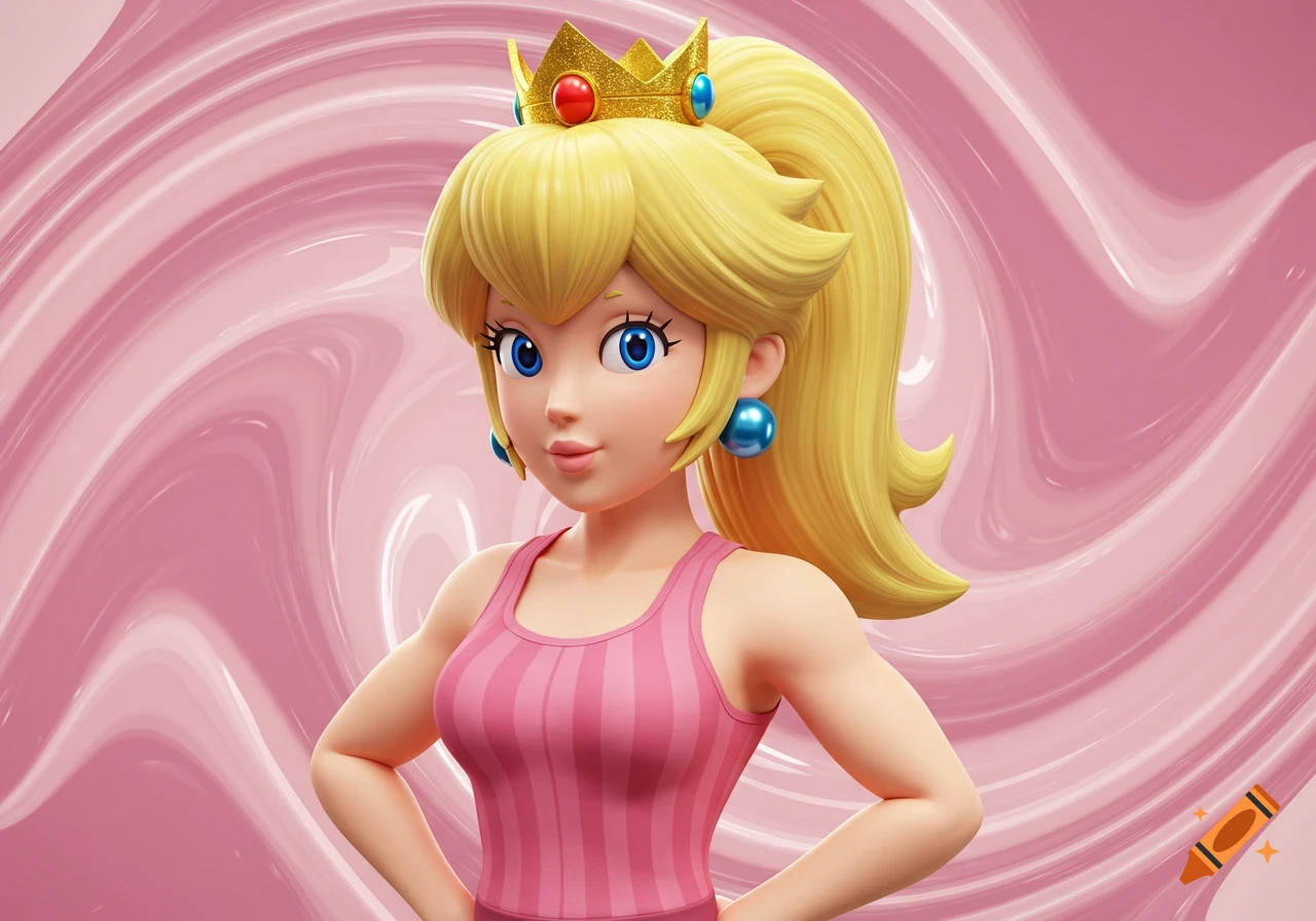 3D render of Princess Peach wearing a pink striped tank top and crown, with her blonde hair in a ponytail, against a pink swirled background.