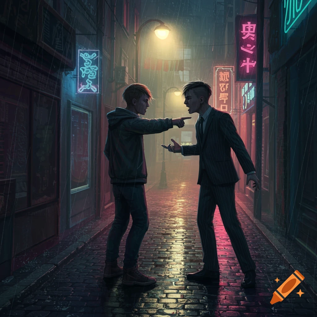 Two men argue on a rainy, neon-lit city street at night, digital art style.