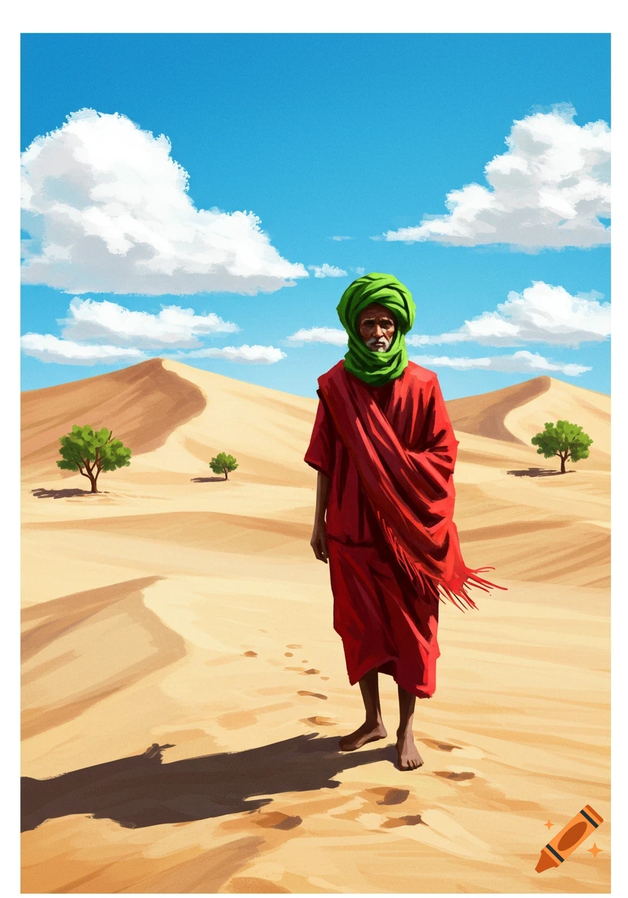 An illustrated man in a green turban and red robe stands thoughtfully on sand dunes in a vibrant desert landscape under a blue sky.