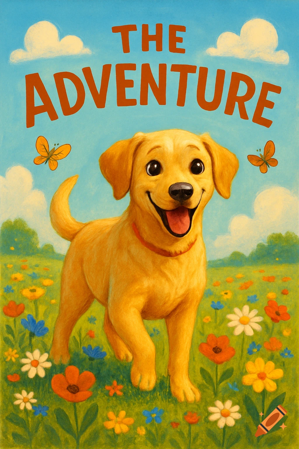 A happy golden lab puppy smiles in a field of colorful flowers with butterflies, under a blue sky, in the style of a children's book cover titled 'THE ADVENTURE'.