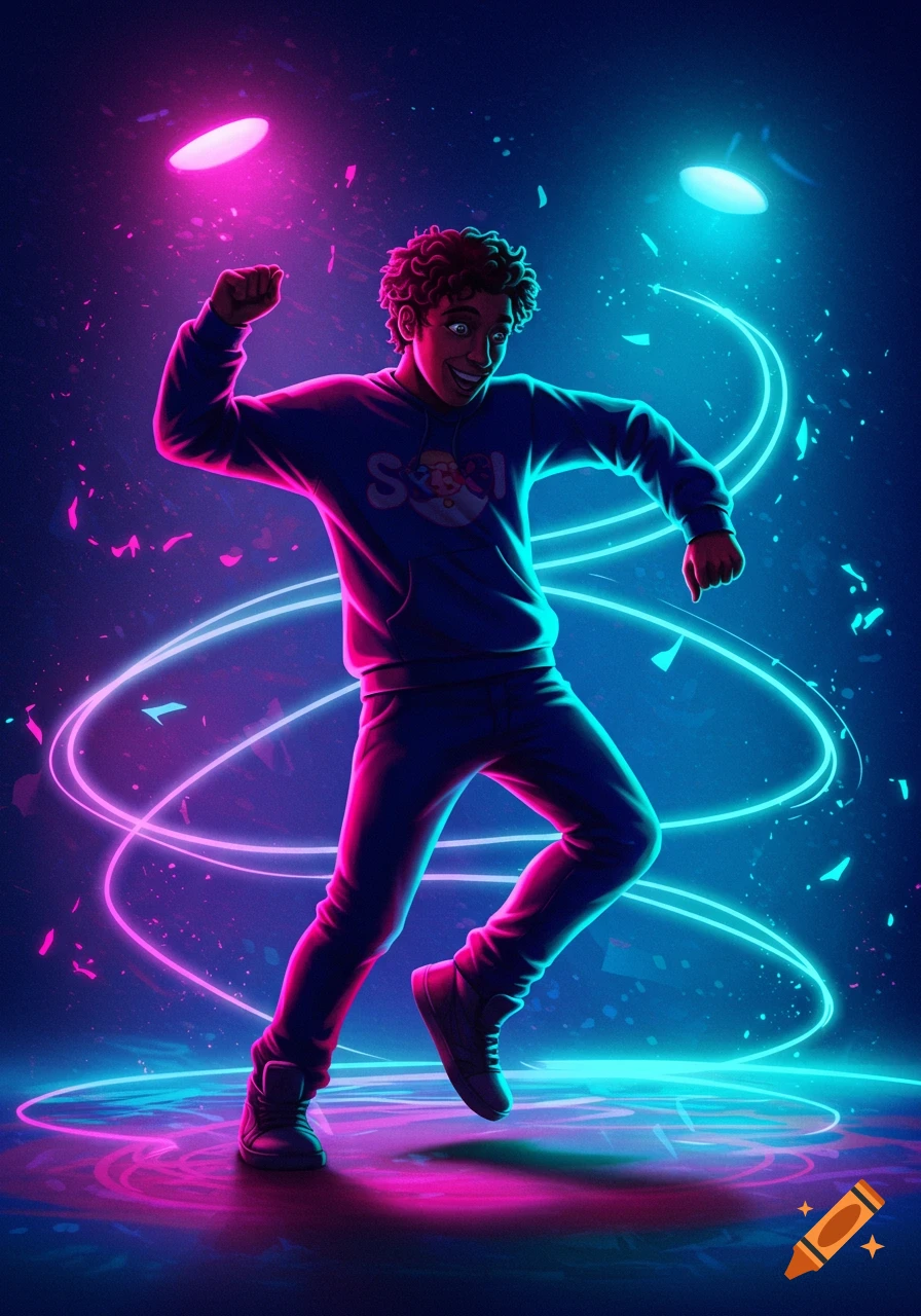 A stylized young man with curly hair dances with enthusiasm amidst swirling pink and blue neon lights.