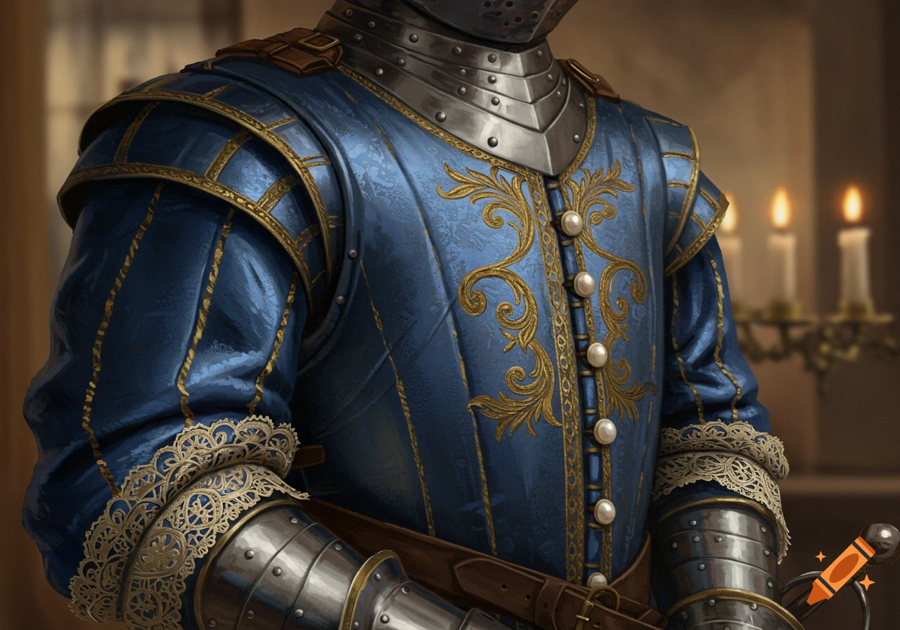 Close-up of a musketeer's elaborate blue and gold tunic with armor and lace cuffs, in a historical setting.