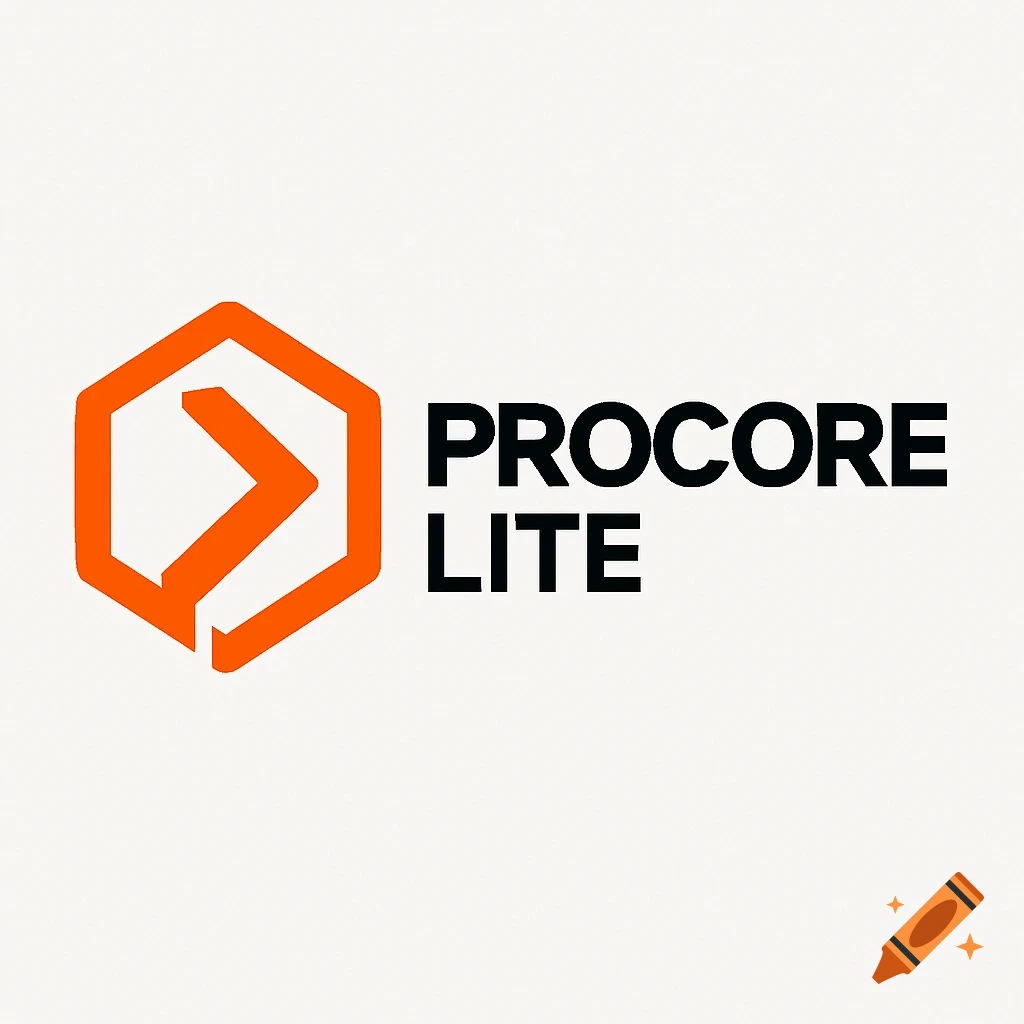 A logo featuring an orange hexagonal shape with a white arrow pointing right, next to the black text 'PROCORE' stacked above 'LITE' on a white background.
