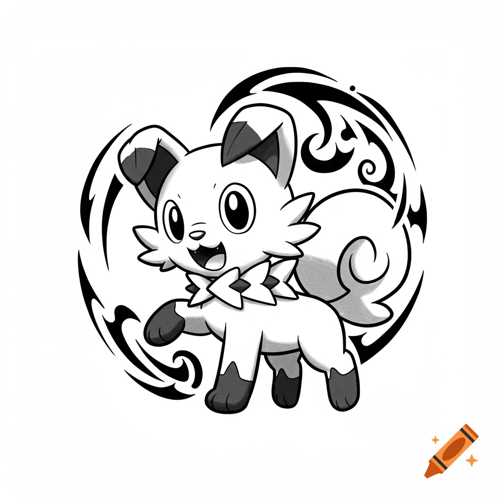 A black and white cartoon illustration of a cute Pokémon-like dog creature (Rockruff) with a tribal design background, in a tattoo art style.