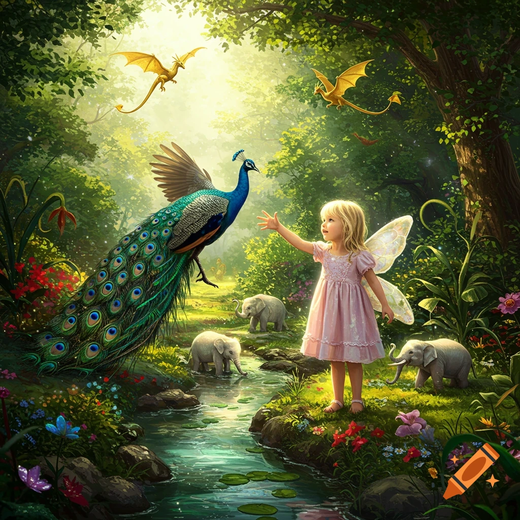 A blonde fairy girl reaches out to a peacock in a sunlit magical forest with elephants and dragons.