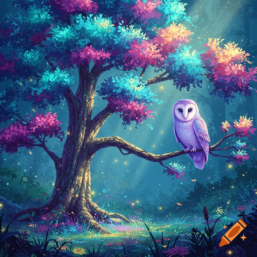 A vibrant fantasy forest scene with a purple owl perched on a tree with multicolored leaves, glowing lights, and colorful flowers.