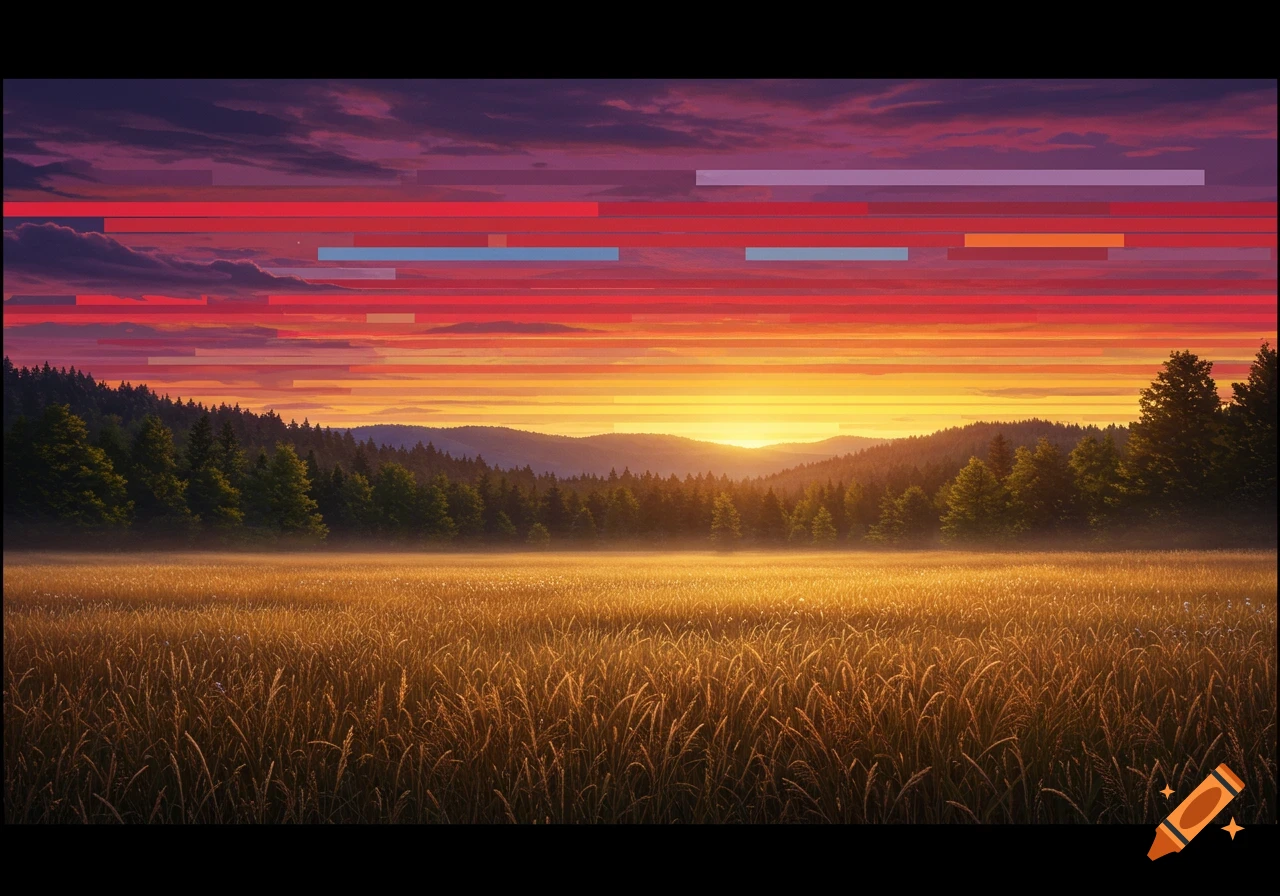 A golden field of grass with forests and mountains under a vibrant sunset sky with horizontal colored bars.