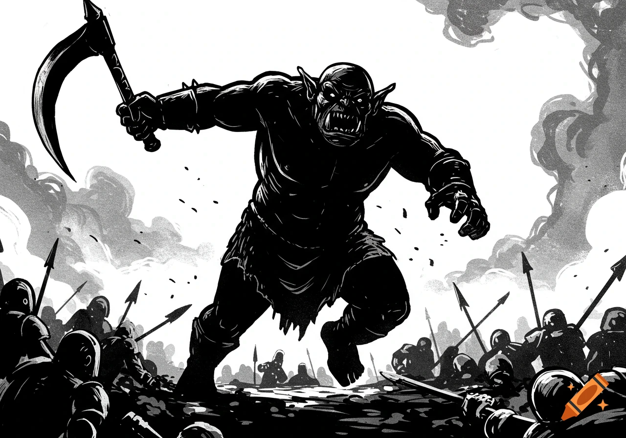 A large, muscular ogre with a scythe charges across a battlefield in a stark black and white ink art style.
