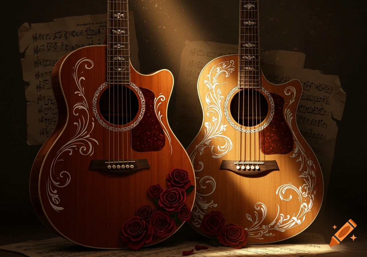 Two decorated acoustic guitars, one dark and one light wood with white floral designs and red roses, set against blurred sheet music.