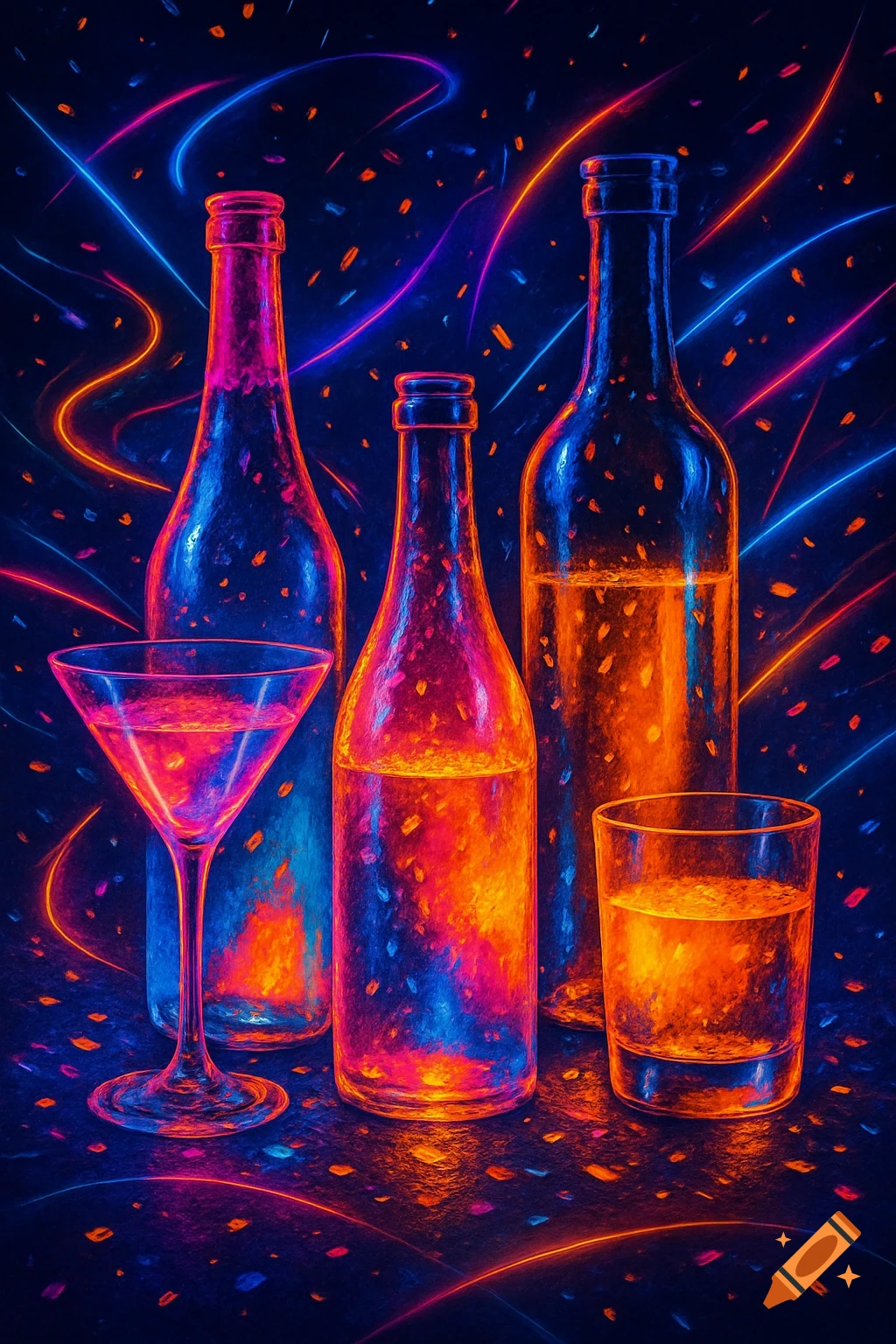 Three glowing neon bottles and two glasses with vibrant orange and blue liquid on a dark background, evoking a party atmosphere.