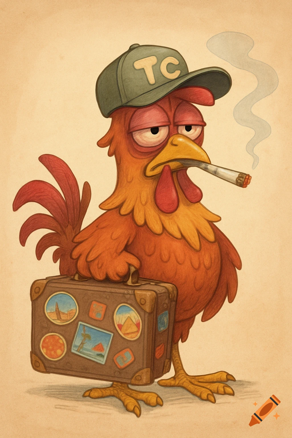 A cartoon chicken with bloodshot eyes, wearing a TC cap, smokes a cigarette and holds a suitcase covered in travel stickers.