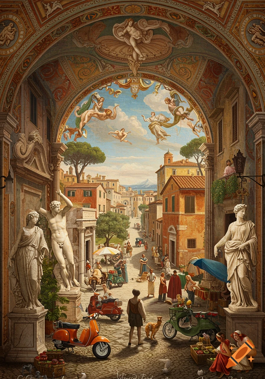 A detailed painting of a bustling Italian street scene with classical statues and a market, framed by an arched fresco of celestial figures.
