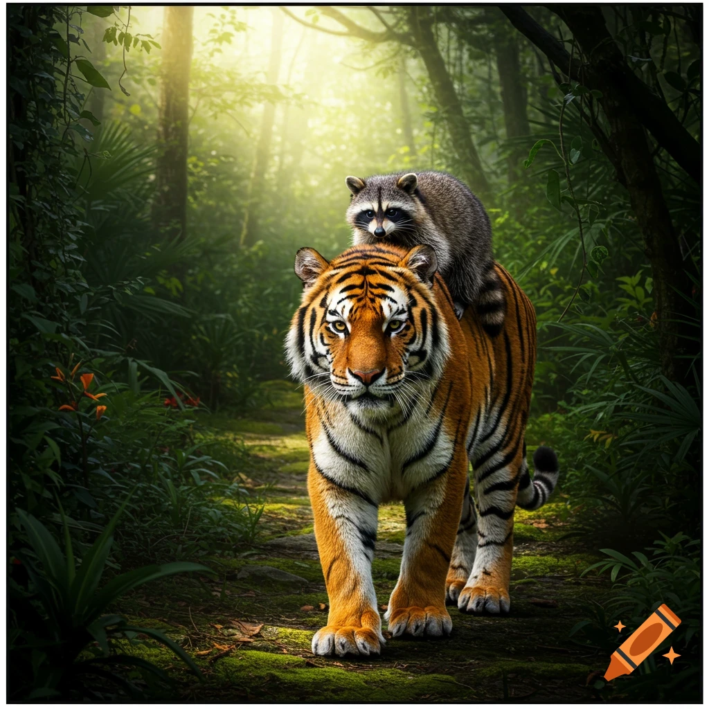 A photorealistic image of a tiger carrying a raccoon on its back, walking on a sunlit path in a lush jungle.
