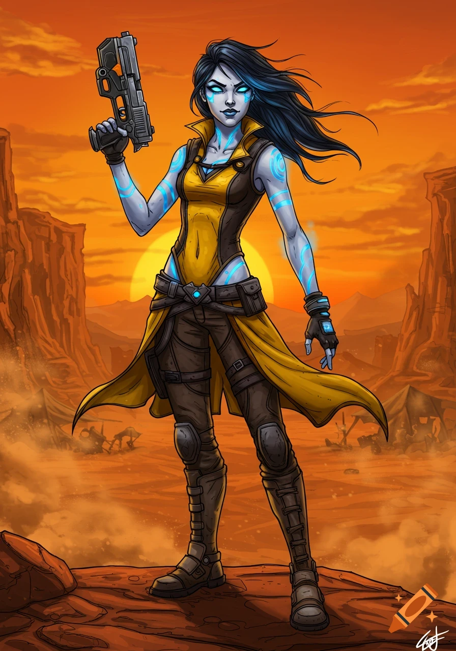 A blue-skinned female character with glowing tattoos and dark hair holds a pistol against a desert sunset background in a comic book art style.