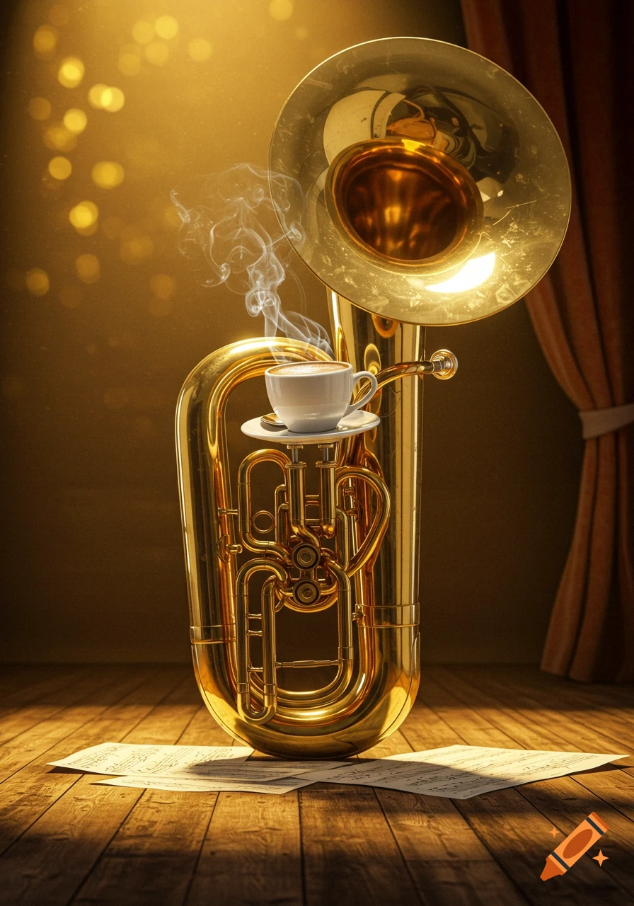 Photorealistic image of a golden tuba with a steaming coffee cup on its side, surrounded by music sheets on a wooden floor.