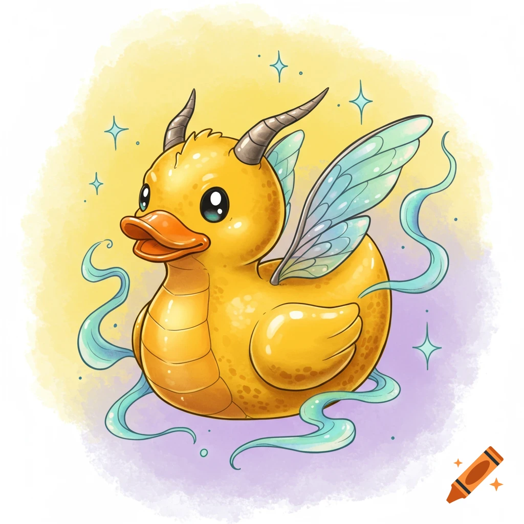 A cute cartoon yellow rubber duck with dragon horns, fairy wings, and a scaly belly, surrounded by blue wisps and sparkles on a watercolor background.