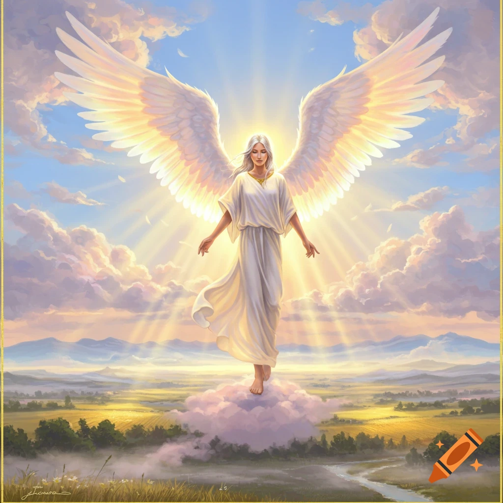 A serene angel with large white wings stands on a cloud, bathed in golden light, above a vast landscape.