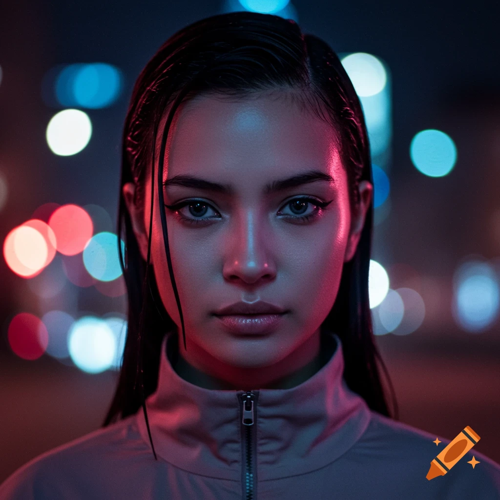 A photorealistic portrait of a woman with wet hair, illuminated by neon city lights and bokeh in the background.