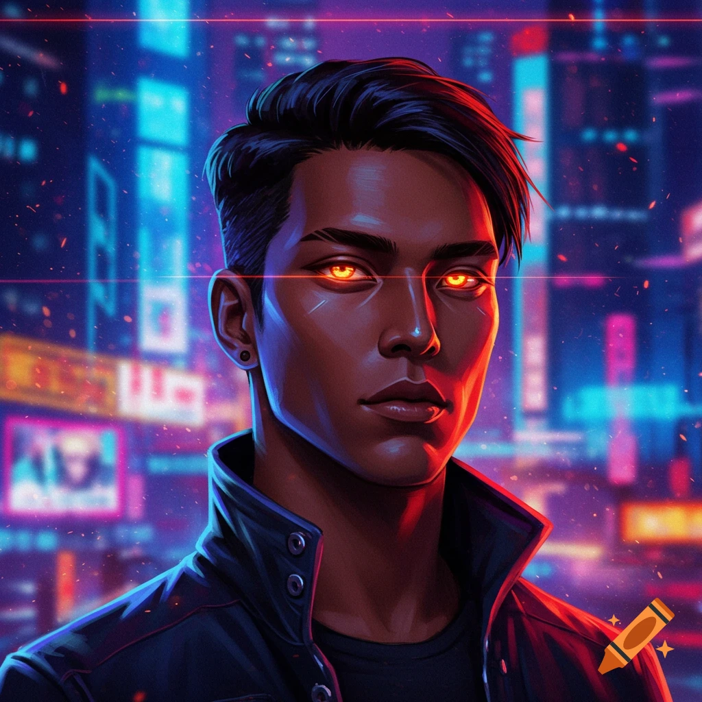 A cyberpunk portrait of a man with dark skin, black hair, and glowing orange eyes, against a neon city background.