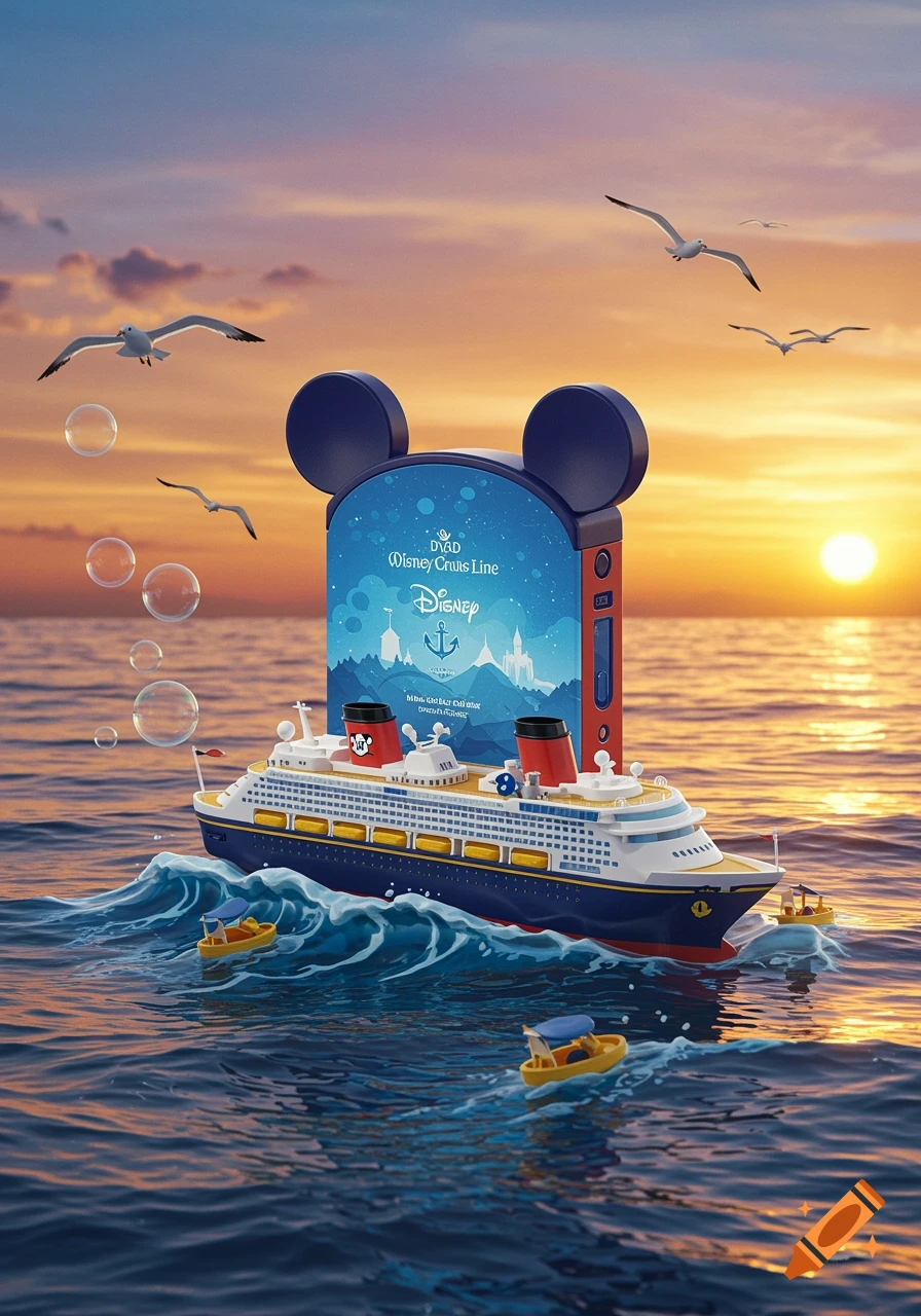 A stylized Disney Cruise Line ship floats on blue ocean waves next to a Mickey Mouse ear-shaped DVD player. Seagulls fly against a vibrant sunset sky.