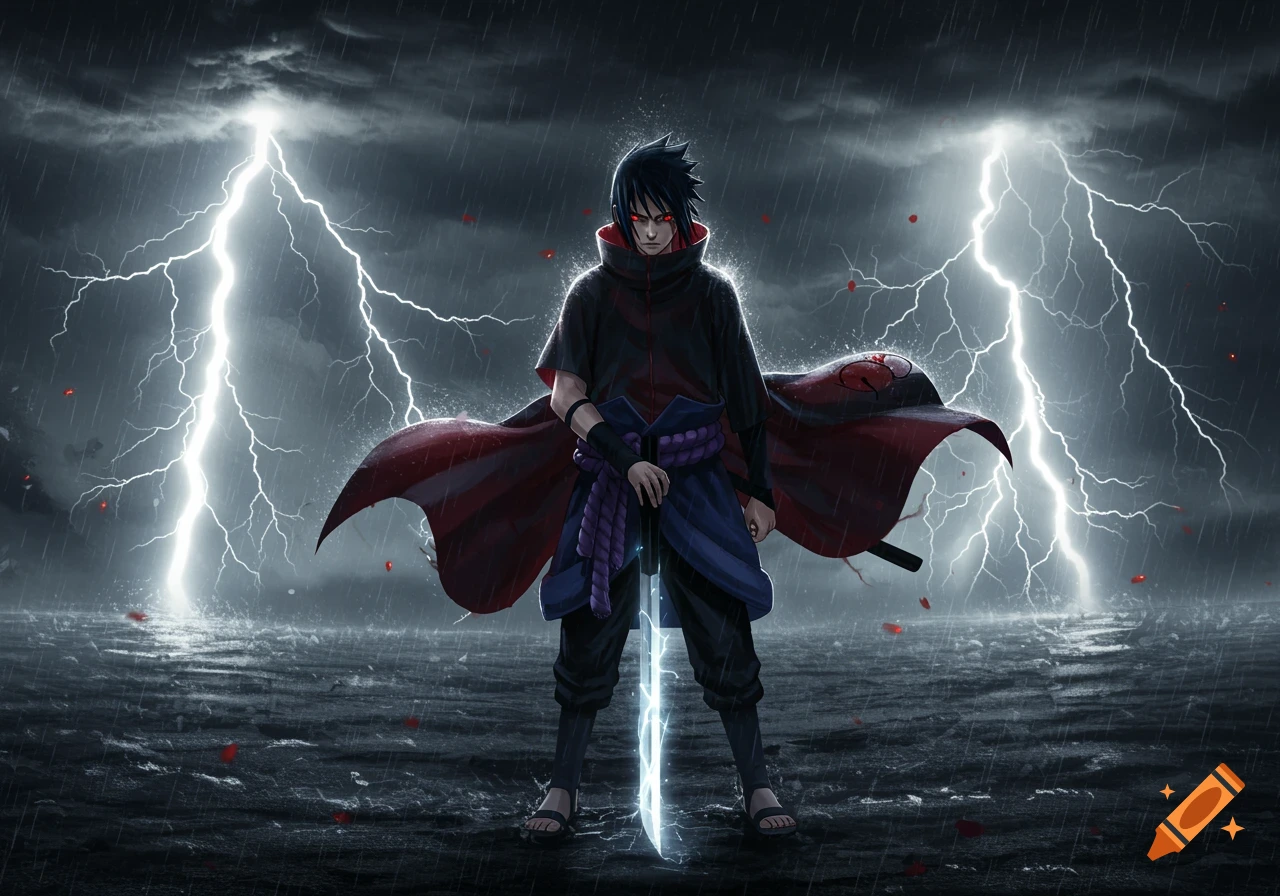 Sasuke Uchiha stands in a dramatic stormy landscape with lightning, holding a glowing sword.