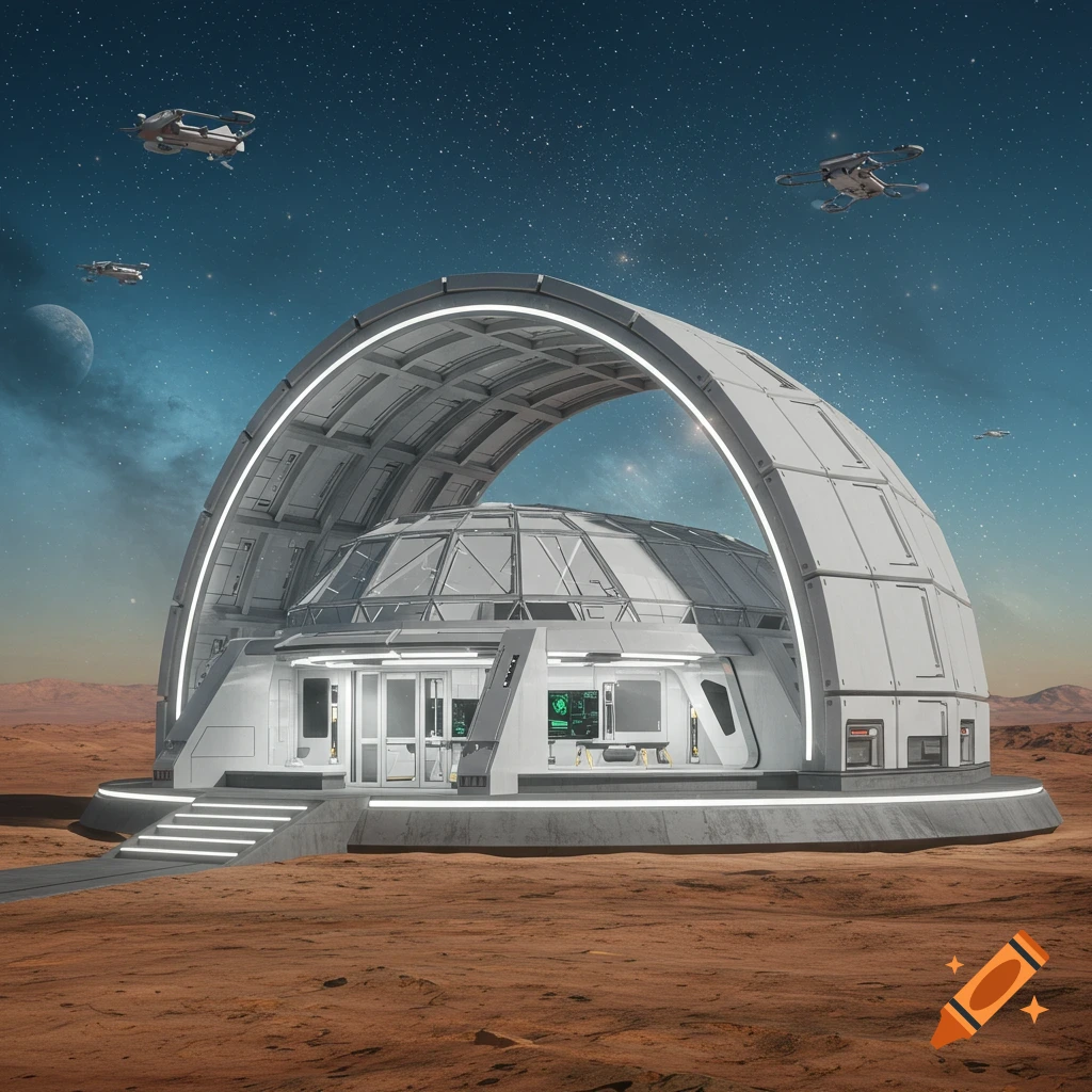 A futuristic dome-shaped lab with an arched white metal structure on a reddish desert planet, under a starry sky with spaceships.