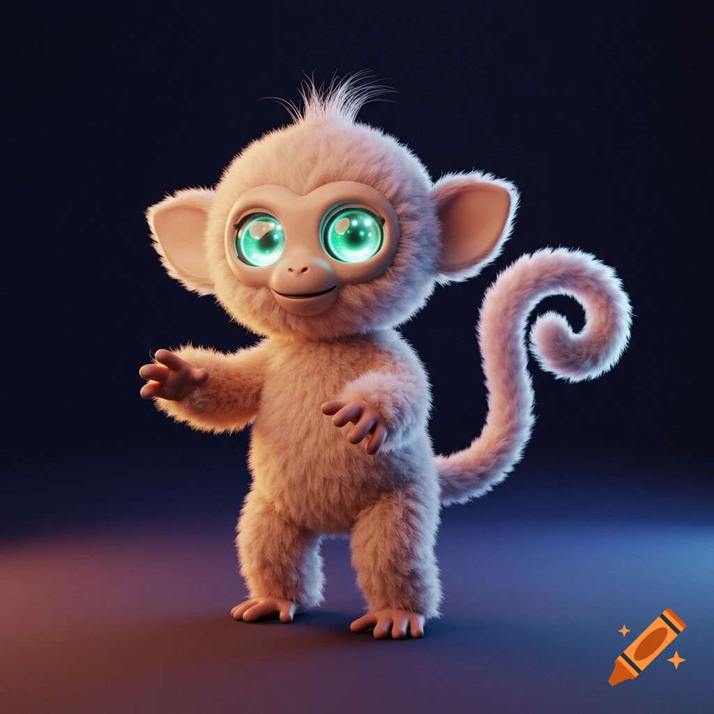 A fluffy, light-colored monkey-like creature with large glowing green eyes stands in a 3D render.